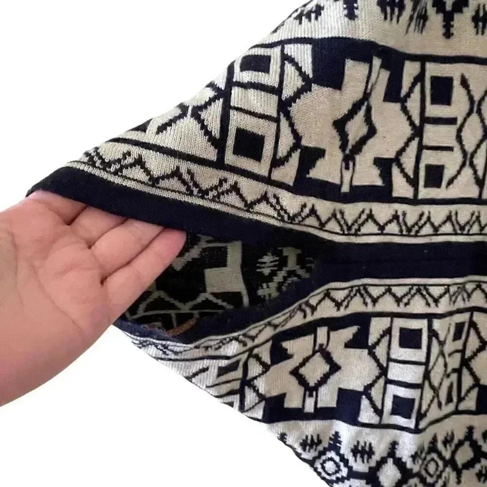 Reversible Shawl Women's Ruana Wrap  Bohemian Navy and Cream  One Size # 1496